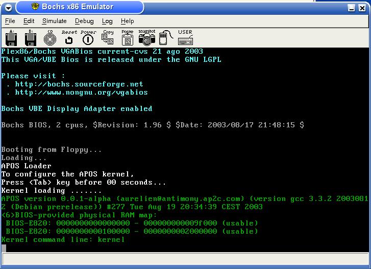 Capture d'écran du démarrage d'APOS dans un émulateur (Bochs)